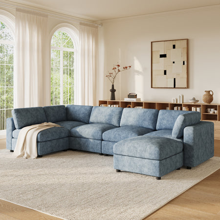 129' Modular Sectional Sofa, 6 Seat Cloud Sofa Bed with High Density Foam, U-Shaped Chenille Couch Set with Ottoman, Free Combination, Convertible Sleeper Sofa for Living Room, Apartment  N723S9792K