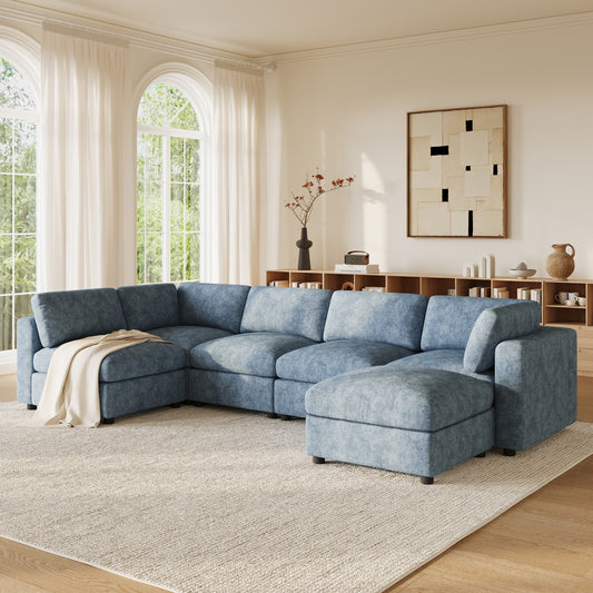 129' Modular Sectional Sofa, 6 Seat Cloud Sofa Bed with High Density Foam, U-Shaped Chenille Couch Set with Ottoman, Free Combination, Convertible Sleeper Sofa for Living Room, Apartment  N723S9792K