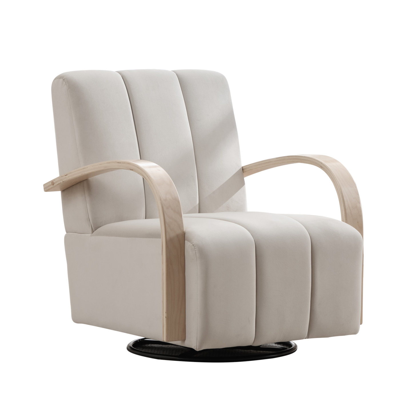 Modern Upholstered 360° Swivel Accent Chair with Solid Wood Armrests, Comfy Channel Tufted Lounge Chair in Beige  W3118P339624