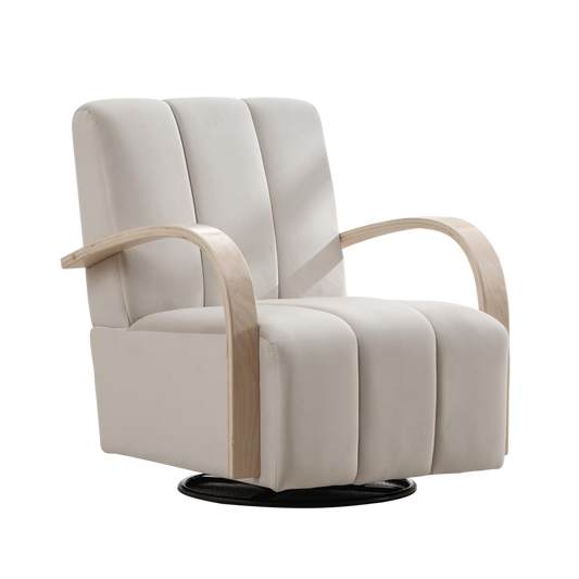 Modern Upholstered 360° Swivel Accent Chair with Solid Wood Armrests, Comfy Channel Tufted Lounge Chair in Beige  W3118P339624