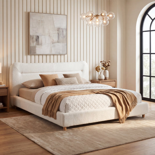 Minimalist curved headboard teddy bear plush bed, King, Cream  N769K411310C