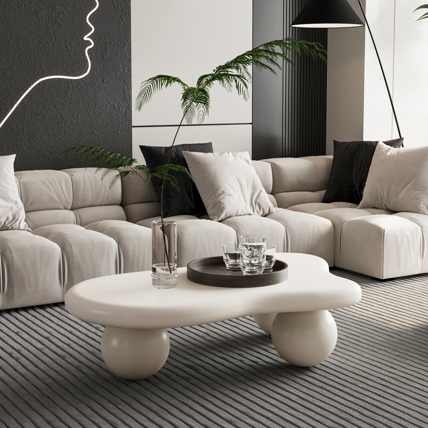 40 Inch Cloud Shaped Coffee Table with 3 Ball Legs for Living Room, Cream White  W1435S00010