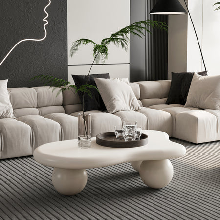 40 Inch Cloud Shaped Coffee Table with 3 Ball Legs for Living Room, Cream White  W1435S00010