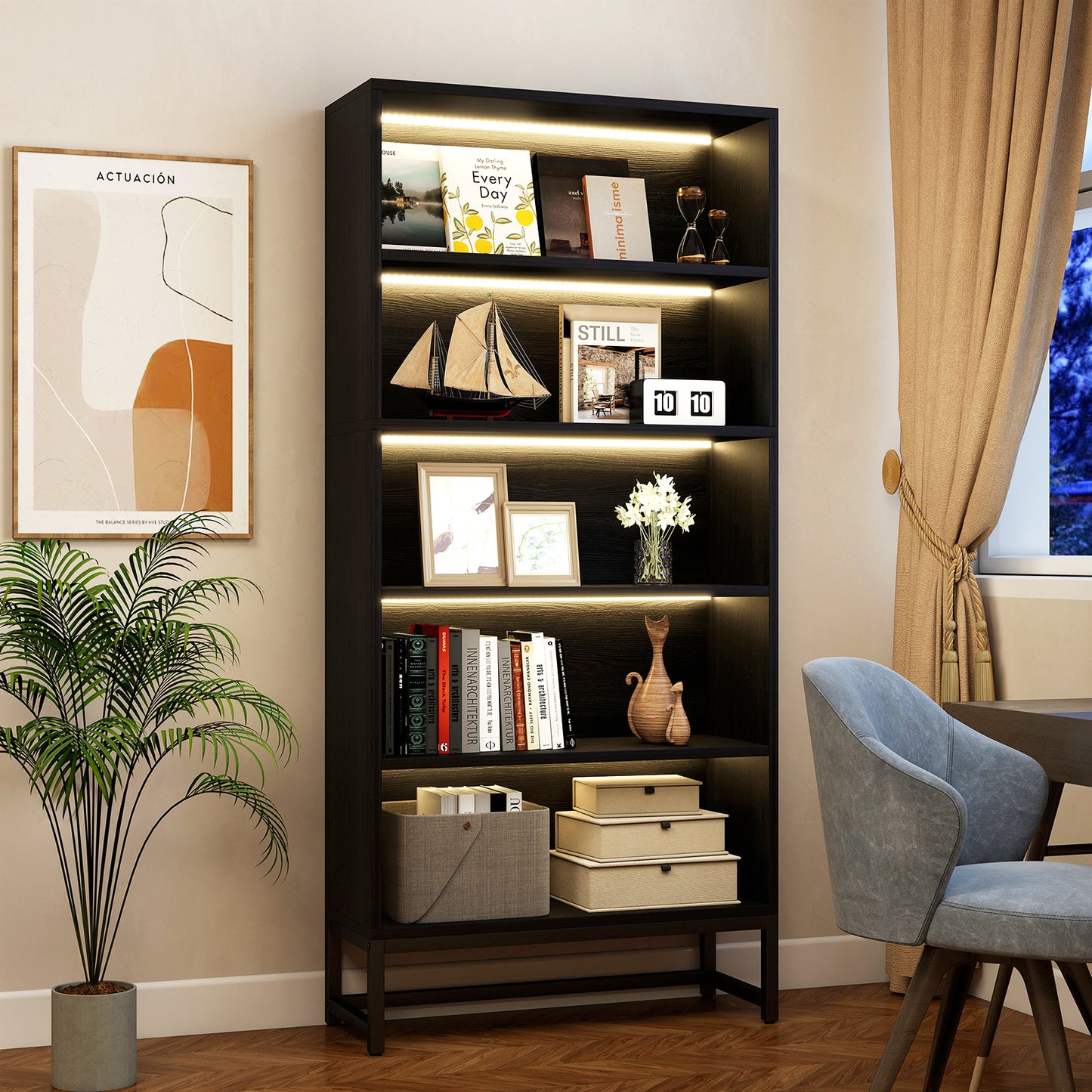 Tall Bookcase with LED Lights, 5 Tier Bookshelf with Storage, Heavy Duty Wood Bookshelf with Adjustable Lighting, Freestanding Display Cabinet for Living Room, Bedroom, Home Office, Study Room (Black)  W3204P454081