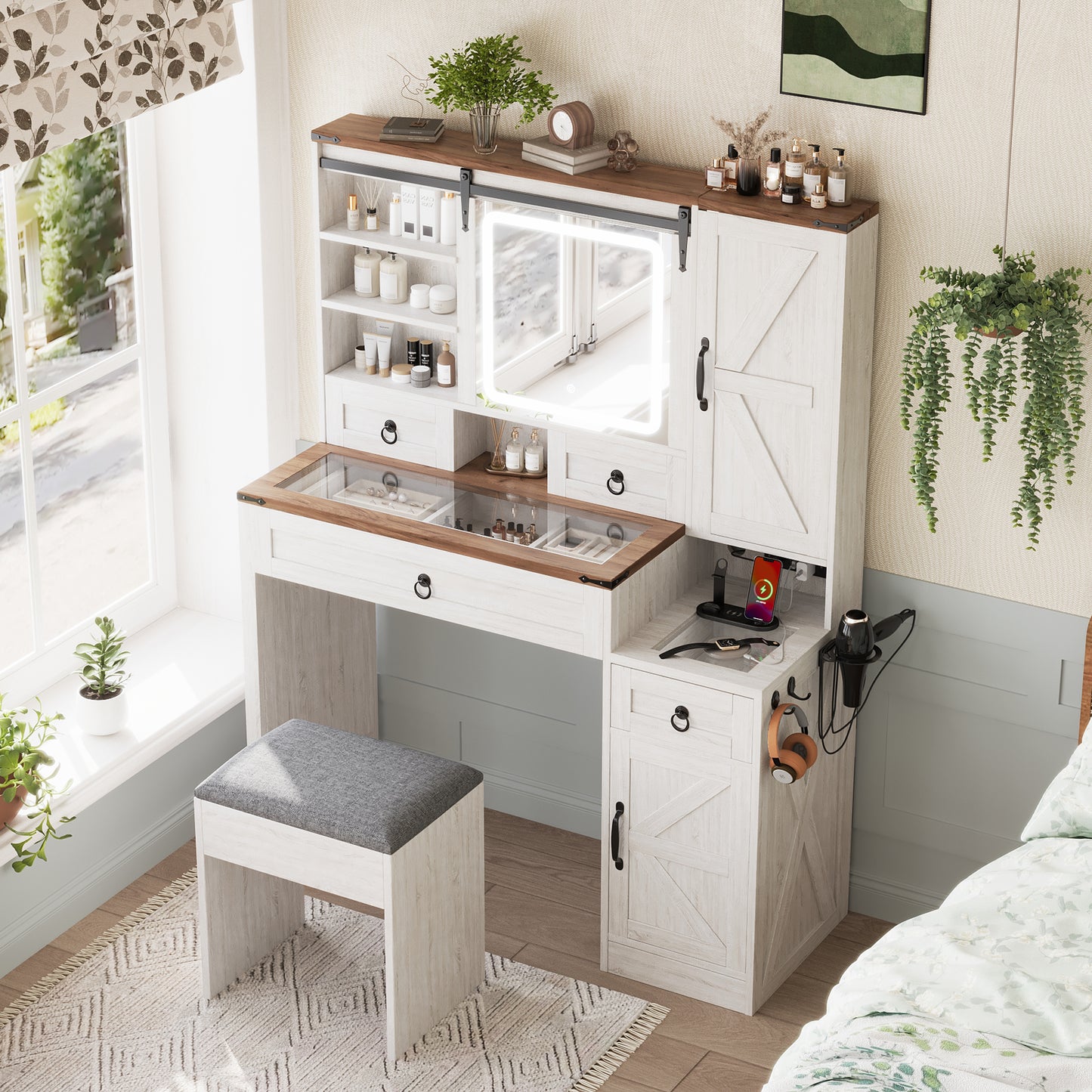 Farmhouse Vanity Desk with Sliding Mirror and Lights, Vanity Set with Glass Top and Charging Station ,Dressing Table with 4 Drawers and 2 Cabinets, Dressing Table with Stool for Bedroom, White N733P340562K