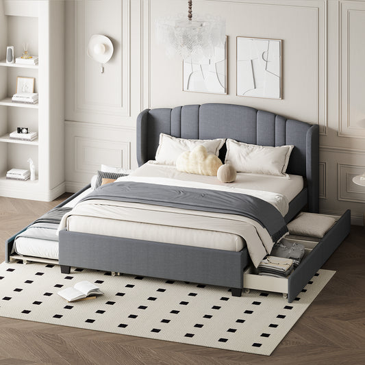 Upholstered Platform Bed with Wingback Headboard, One Twin Trundle and 2 Drawers, No Box Spring Needed, Linen Fabric, Queen Size Gray  HL000077AAE
