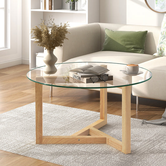 [New Picture] ON-TREND Round Glass Coffee Table Modern Cocktail Table Easy Assembly with Tempered Glass Top & Sturdy Wood Base, Natural   WF293702AAA