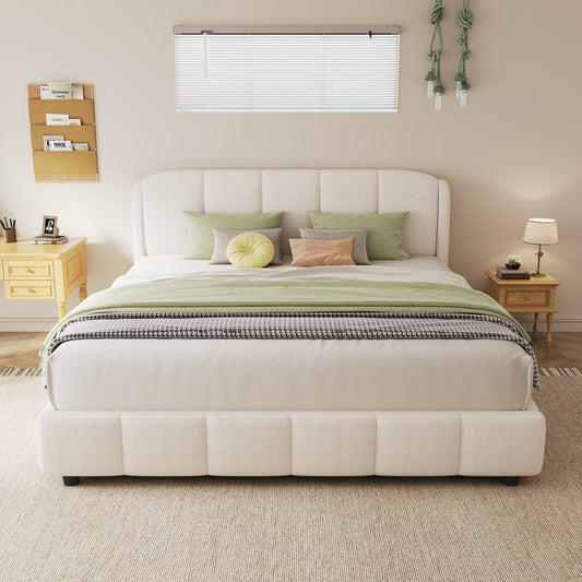 Queen Size Platform Bed with Boucle Fabric, Soft Boucle Fabric Upholstered Platform bed with Curve-Shaped Design Headboard, Beige, Easy Assembly  N757P214755I