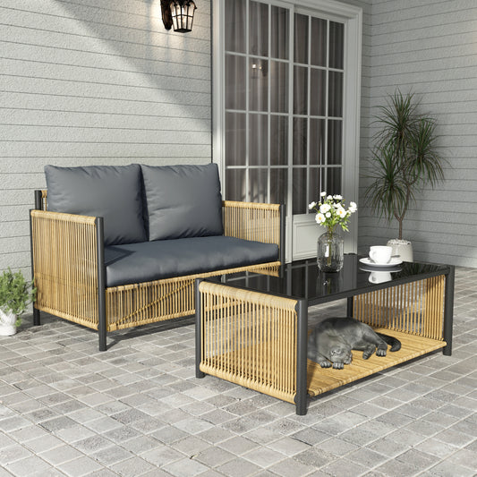 New Comming Outdoor PE Brown Wicker 2seats Sofa with Grey Cushion and Table Set  W400P151946
