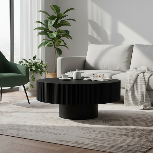Round Coffee Table, Fluted Coffee Table with Sturdy Pedestal, Mid Century Modern Coffee Table for Living Room, Bedroom, Terrace, Office, Small Space (Black Round Thick)  W3204P390987