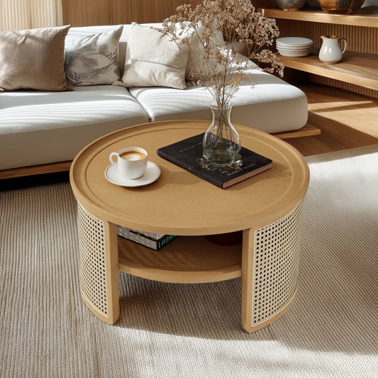 2-Tiered Round Natural Wood Coffee Table with Storage Rattan Base in 31.3''  N735P185131N