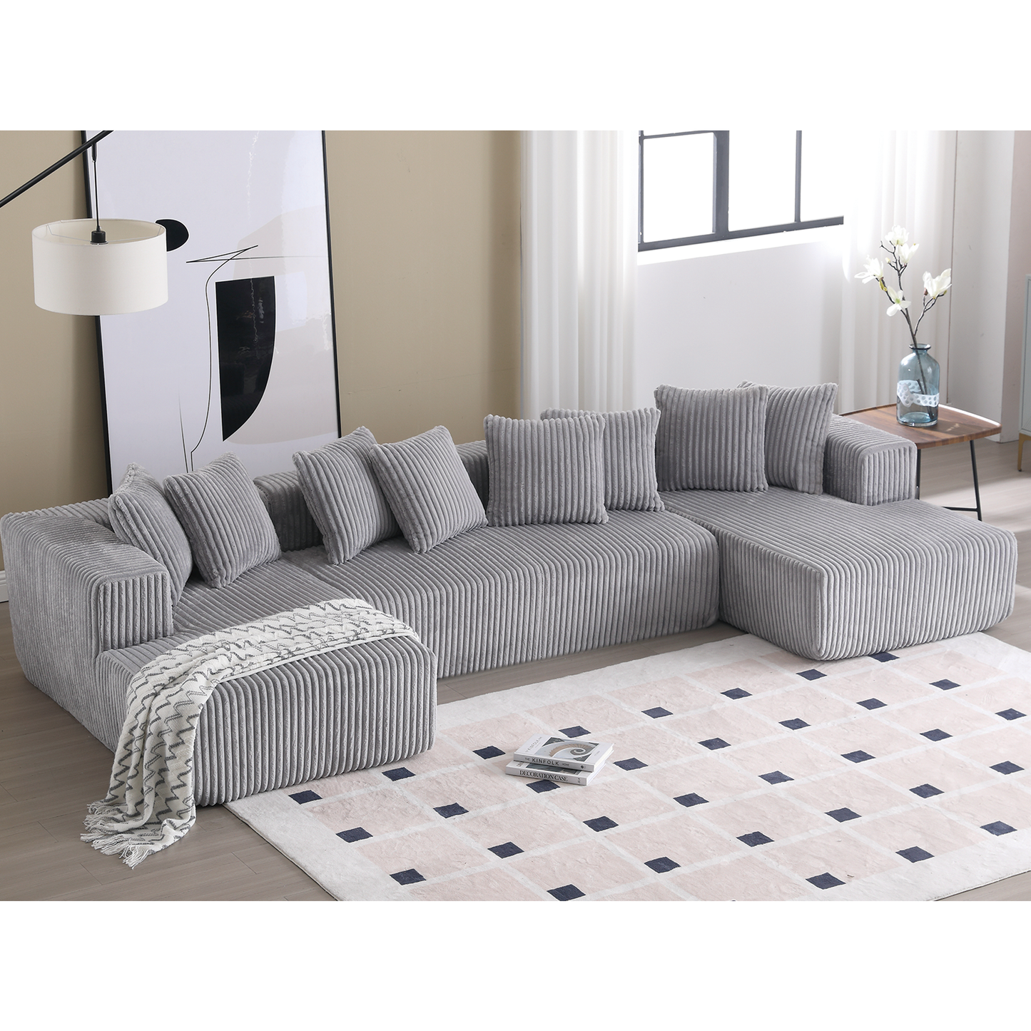 [NEW ARRIVED] [VIDEO PROVIDED]133.45'' Modular Sectional Couch, U-shaped sofa , Chaise Lounge, Striped fabric,Upholstered 4 Seater Couch for Living Room, Free Combination Sofa (Corduroy), Gray W2108S00062