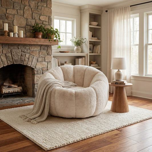 Adult Bean Bag Chair, Floral-Shaped Bean Bag Sofa, Ultra-Soft Faux Fur Sofa, Large Reading Chair for Living Room or Bedroom, Beige, Single-Seater W2012P399193