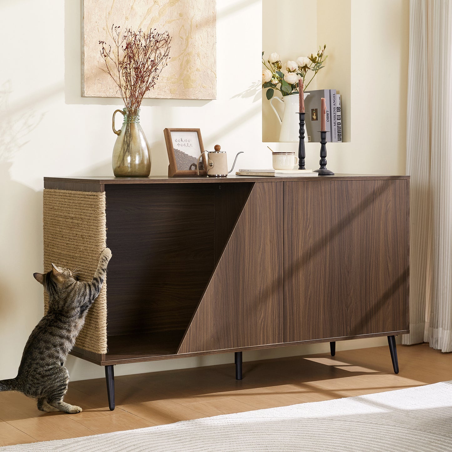 Cat Furniture 2 IN 1 Modern Walnut Cabinet Side Table With Spring-Loaded Door, Cat Litter Box Enclosure with Sisal Cat Scatcher N843P254861W