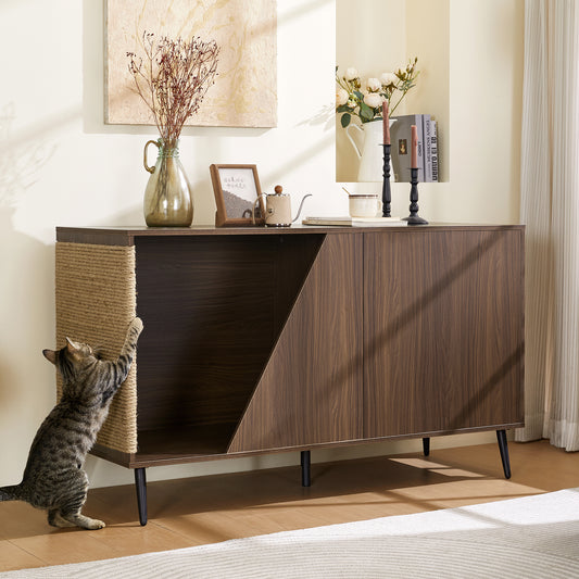 Cat Furniture 2 IN 1 Modern Walnut Cabinet Side Table With Spring-Loaded Door, Cat Litter Box Enclosure with Sisal Cat Scatcher N843P254861W