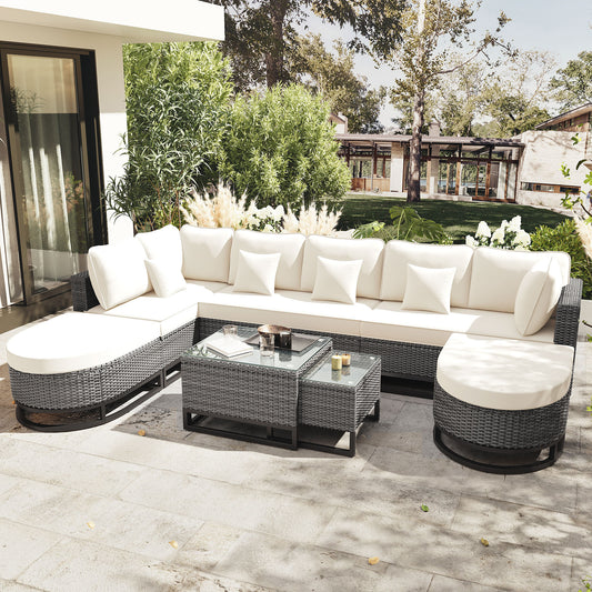 GO 7 Pieces Large Size Outdoor Wicker Sofa Set, Rattan Conservation Sectional Free Combination, Patio Furniture with 2 Coffee Table and Pillows for Garden and Deck, Beige  N704G201244A