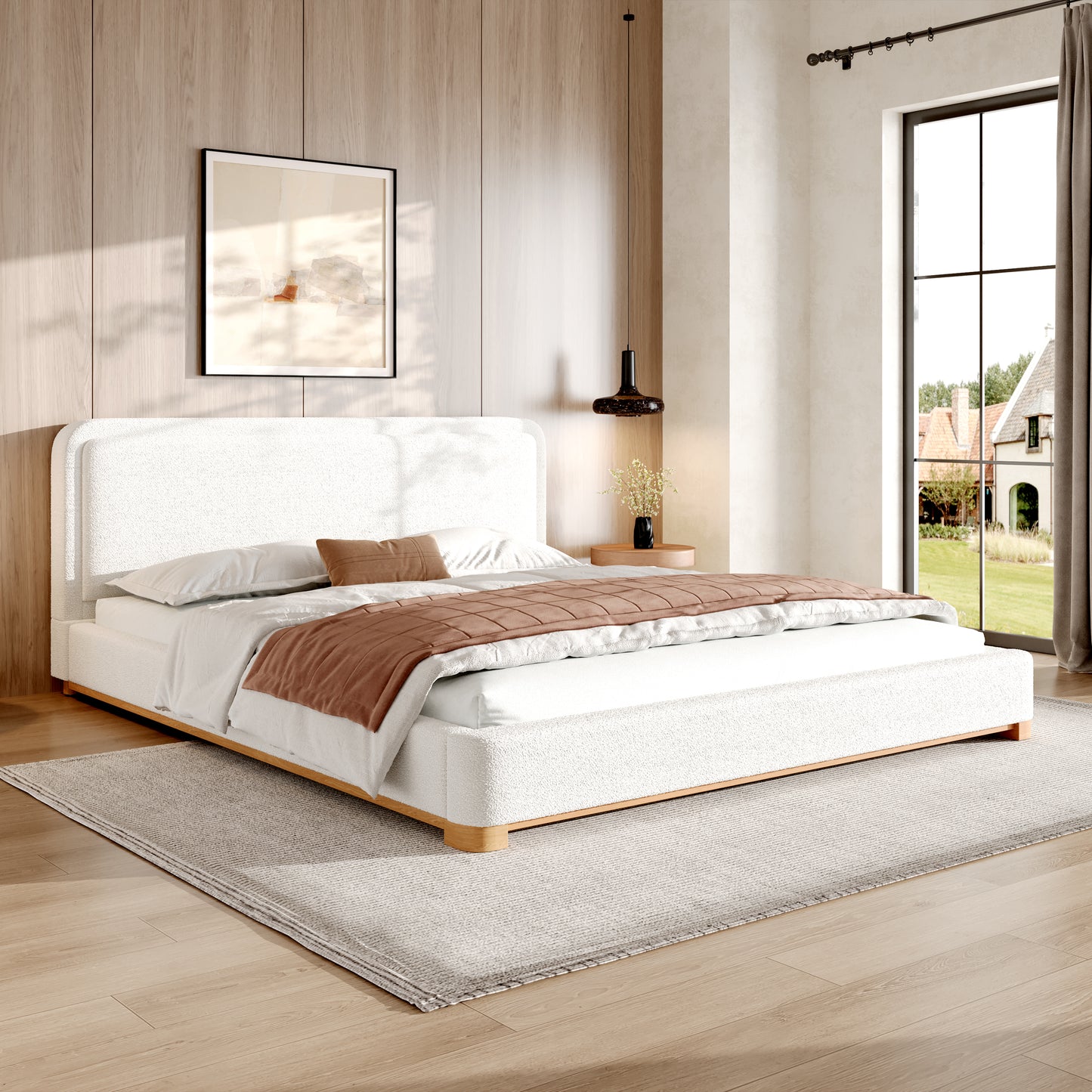King Size Bed Frame With Boucle Upholstered Curved Headboard, Solid Wood Base And Legs, White  N757K327027W