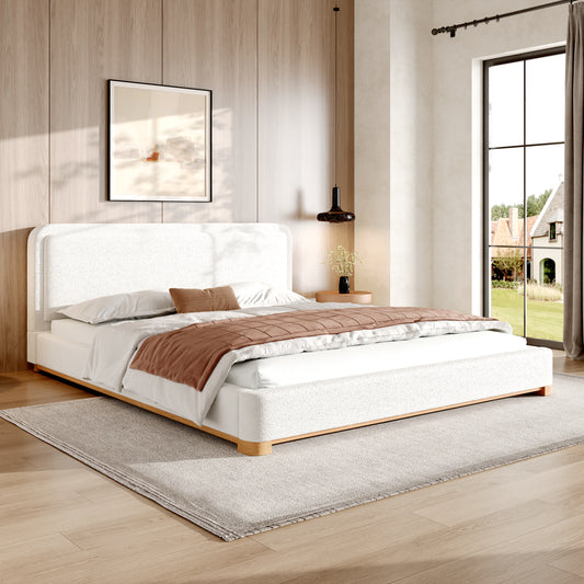 King Size Bed Frame With Boucle Upholstered Curved Headboard, Solid Wood Base And Legs, White  N757K327027W