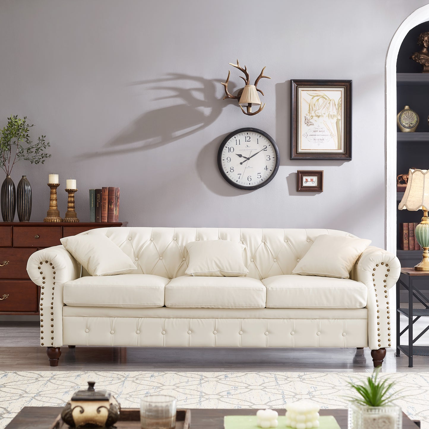85.8' Living Room Chesterfield Sofa Classic Tufted Design Faux Leather PU Upholstered Sofa with Storage (Ivory) W1097S00150