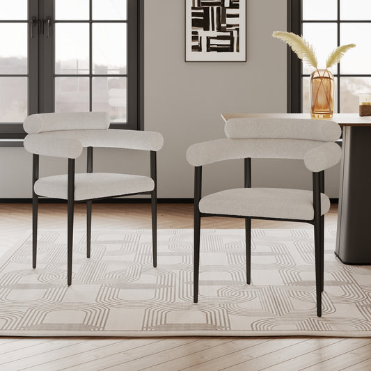 Woker Dining Chairs Set of 2, Mid-Century Modern Dining Chairs, Kitchen Dining Room Chairs, Round Boucle Backrest Sherpa Dining Chair with Black Metal Legs  W1567139484
