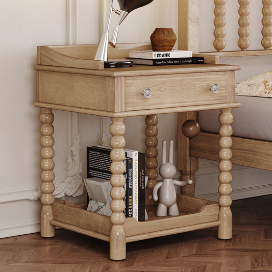 Retro Style Nightstand with Drawer and Open Shelf for Bedroom, Bedside Table with Turned Legs and Metal Handle,Natural  N733P206240M