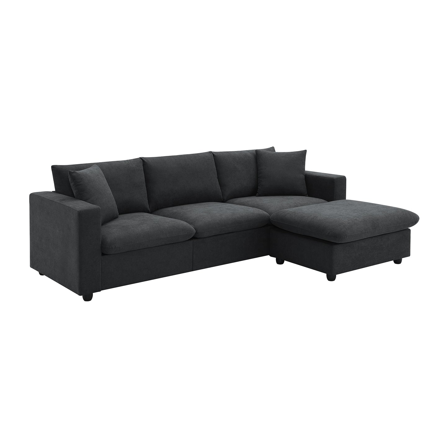 Modern Sectional Sofa with Convertible Ottoman and 2 Free Pillows, L-shaped 4-Seat Polyester Fabric Couch Set, Black  GS009023AAB