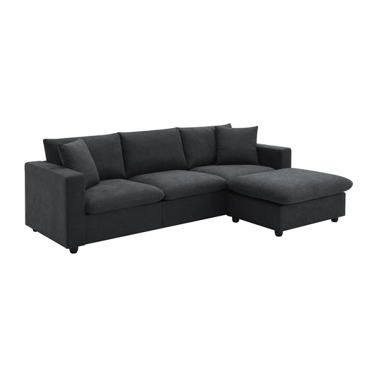 Modern Sectional Sofa with Convertible Ottoman and 2 Free Pillows, L-shaped 4-Seat Polyester Fabric Couch Set, Black  GS009023AAB