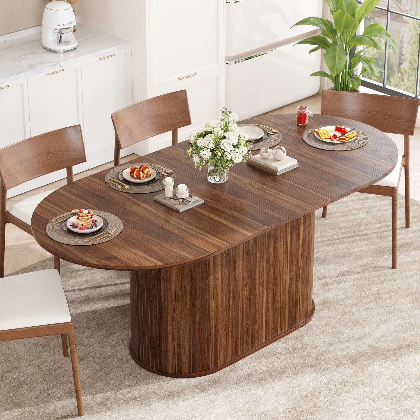 55.11'-70.86' Extendable Dining Table, with Striped Legs for Living Room & Kitchen(Walnut)  W757P411745