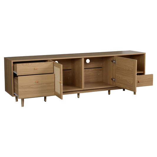 Boho TV Stand for 65 75 85 Inch TV with Real Rattan Doors, Modern Wood Media Console in Natural Finish, 76.6'' L x 15.7'' W x 23.6'' H  N710P339452P