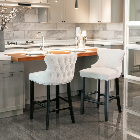 A&A Furniture,Contemporary Velvet Upholstered Wing-Back Barstools with Button Tufted Decoration and Wooden Legs, and Chrome Nailhead Trim, Leisure Style Bar Chairs,Bar stools, Set of 2 (Beige),SW1824B  W114343480