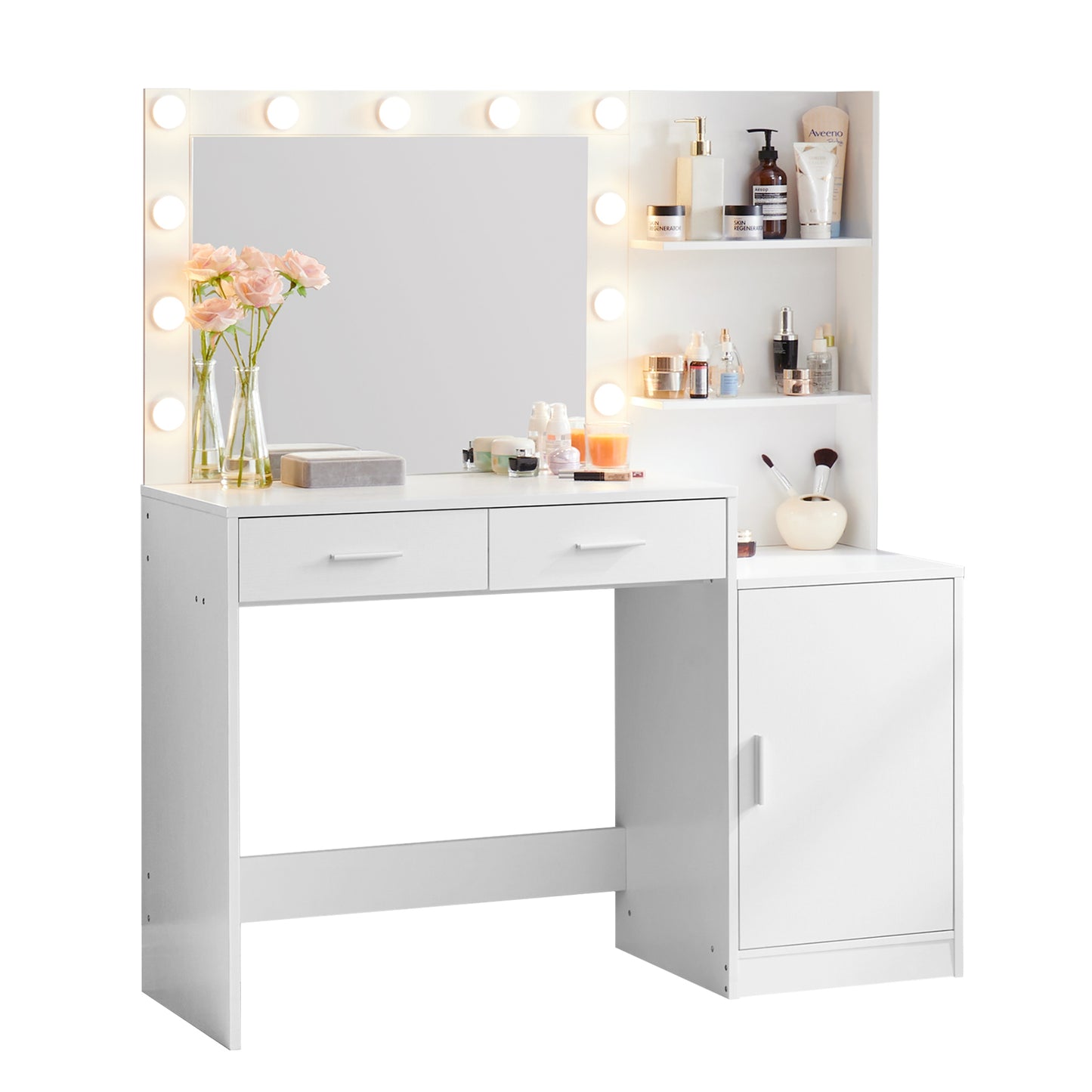 Eco-Friendly Vanity Desk with Mirror and Lights, 46.4IN Dressing Table, 3 Level Dresser, Adjustable Brightness, White W2386P200041