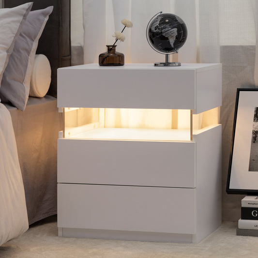 LED Nightstands 3 Drawer Dresser for Bedroom End Table with Acrylic Board LED Bedside Tables for Bedroom Living Room Bedside Furniture (White)  W2178132092
