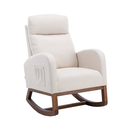 COOLMORE Rocking Chair, Modern Glider Chair, Recliner Armchair with Wood Legs and Side Pocket, Nursery Rocking Accent Chair with High Back for Living Room Bedroom (Beige linen)  W39590163