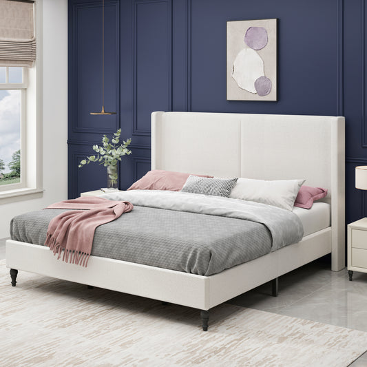 King Size Bed Frame with 55.5'High Back Upholstered Headboard,Boucle Fabric,12 Slat Support,Thickened Side Panels,Solid Wood Feet,No Box Spring Needed(White) W1716P335678