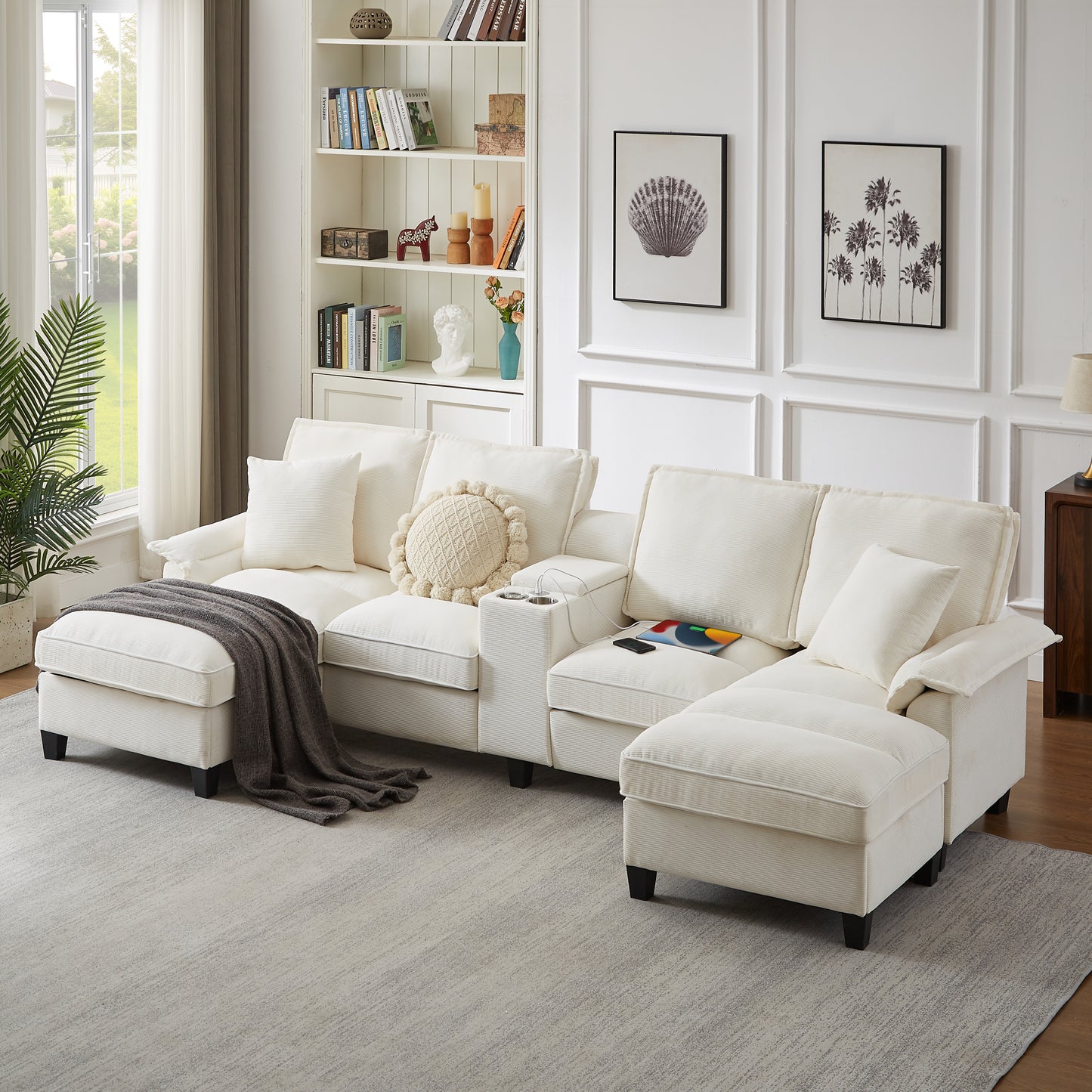 120' Modular Corduroy Sectional Sofa Bed with Storage – Modern U-Shaped Design, 4-Seater, Perfect for Living Room, Apartment, or Lounge, Featuring Cup Holders for Added Convenience (Beige)' W1359S00010