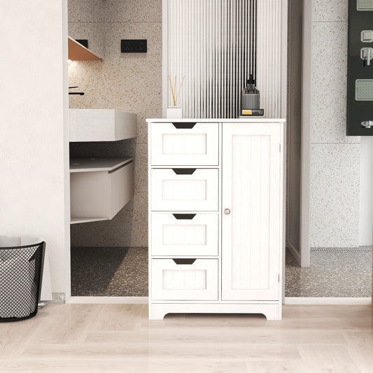 White freestanding floor storage cabinet with adjustable shelves, 4 drawers and 1 door W28222278
