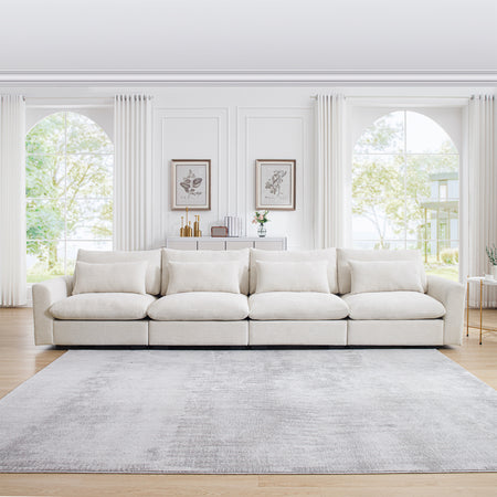 4 Seater Deep Seat Couches for Living Room, Comfy Beige Corduroy Sofas for Living Room Modern with 4 Waist Pillows  W714S00642