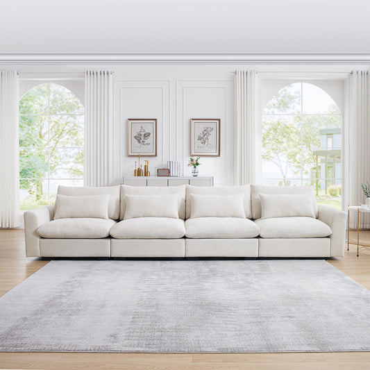 4 Seater Deep Seat Couches for Living Room, Comfy Beige Corduroy Sofas for Living Room Modern with 4 Waist Pillows  W714S00642