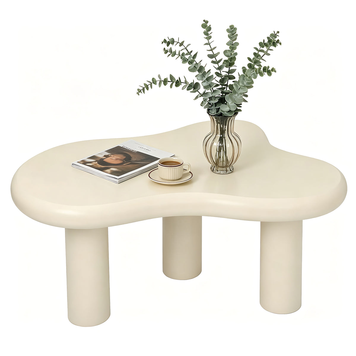 Cloud Coffee Table, Modern Wood Coffee Table for Living Room, Accent Center Tables with 3 Legs, Small Tea Tables for Balcony, Patio, Bedroom, Cream White  W3101P492744