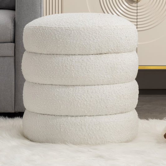 006-Soft Boucle  Round Ottoman Footrest Stool,White  W527121864