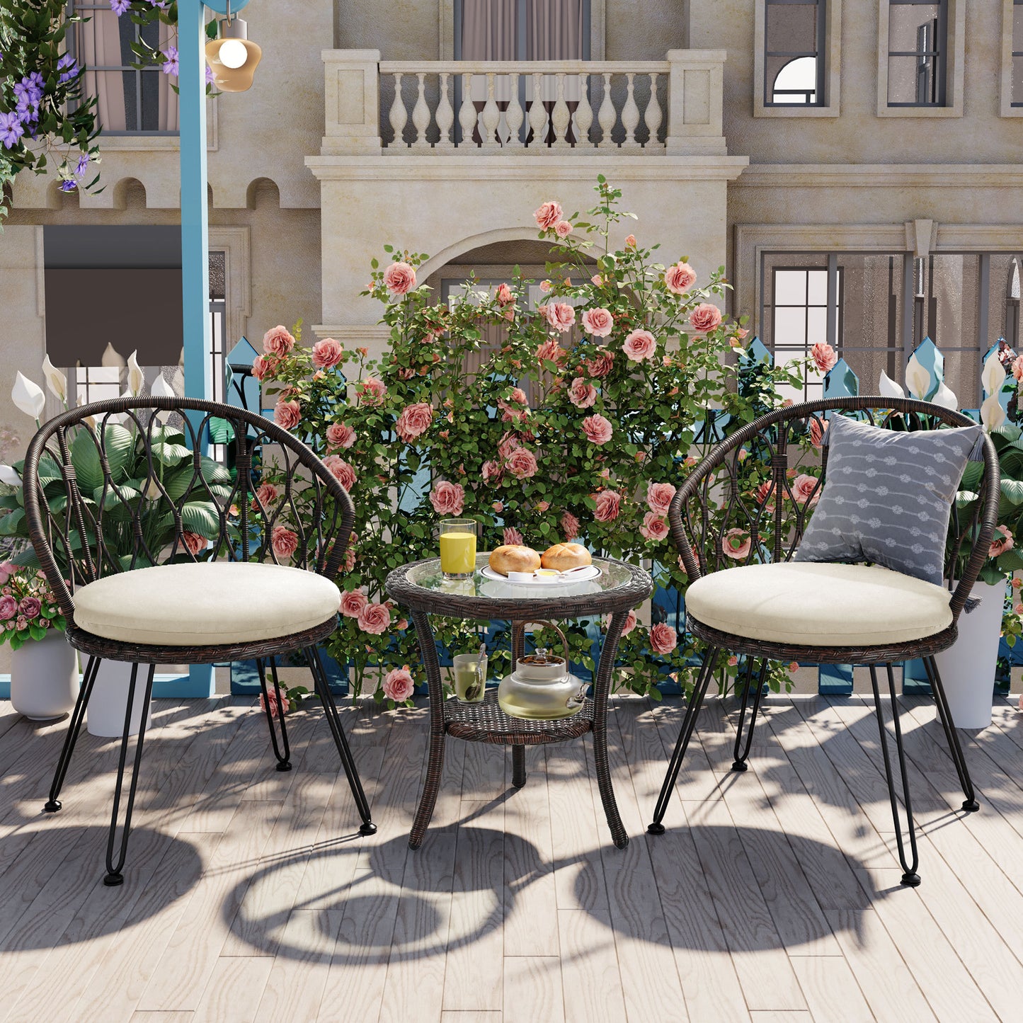 U_STYLE Outdoor Leisure Set, 2 Rattan Single Chairs with A Glass Round Table, Perfectly Suited for Patios, Balconies, and Courtyards N711P256422K