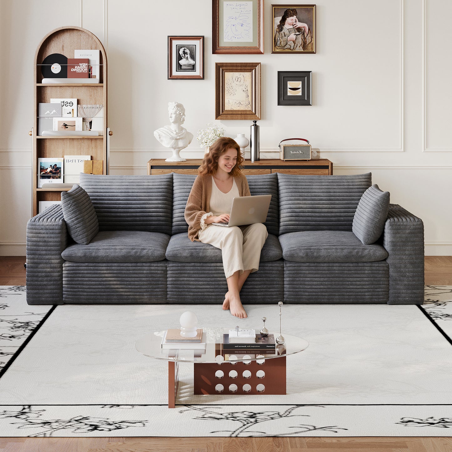 102' Cloud Sofa,Corduroy Fabric,Deep Seat Couches,Double-layer design,Removable  Cushion,No Assembly, DIY Combination for Living room, Bedroom,Conference room ,Apartment,Dark Grey  W2824S00223