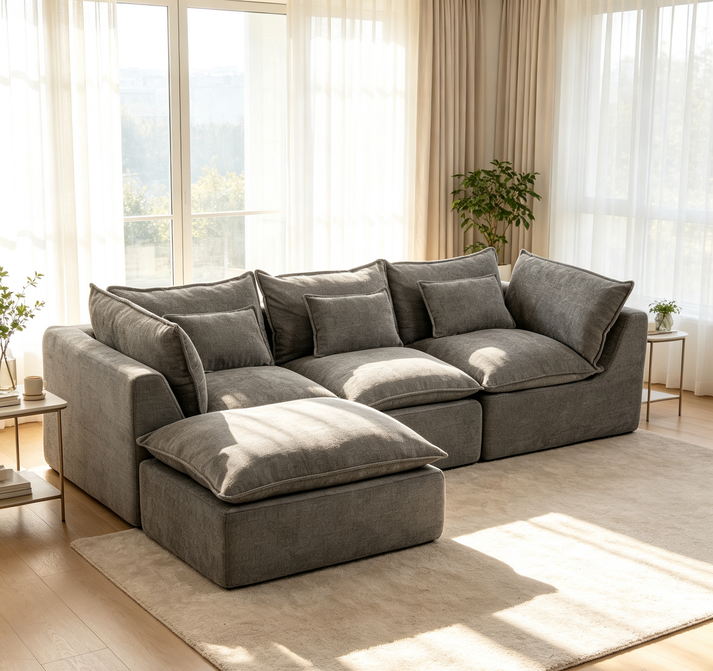 102.3' Width Cloud Couch Oversized Modular Sectional Sofa True Relax Comfy Couches Wide&Deep Seat Sofas for Living Room Furniture Sets, Waffle Fabric ,3Seat with Ottoman  W2530S00013