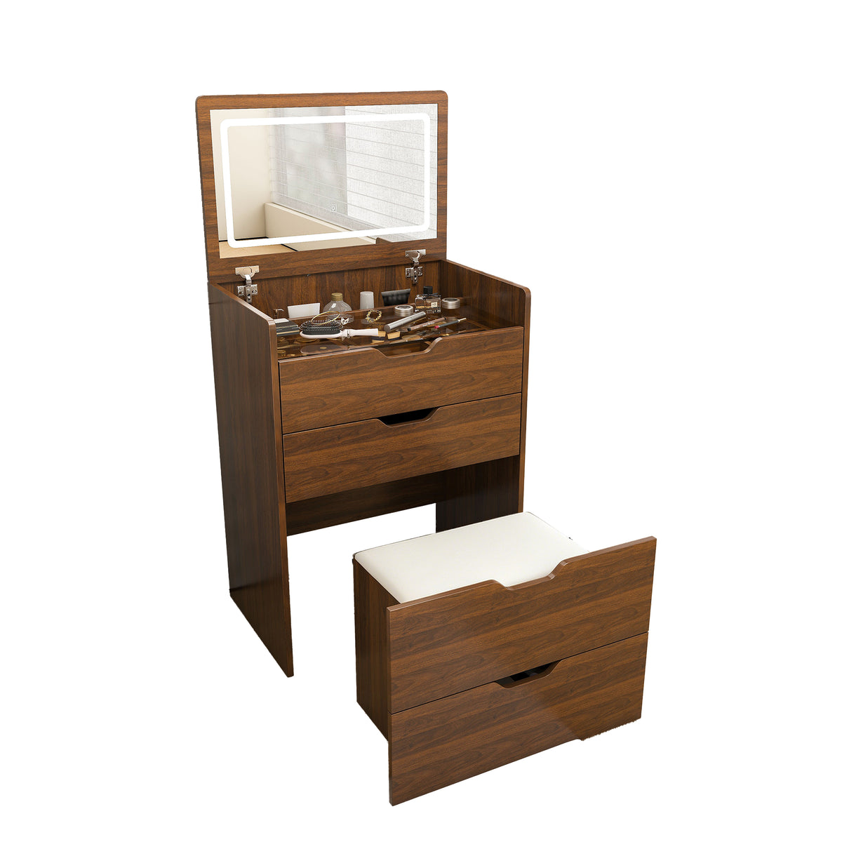 3-in-1 Vanity Desk with Flip Top Lighted Mirror & Storage Stool, Compact Makeup Dressing Table in Walnut Finish, 23.62L  W2699P478792