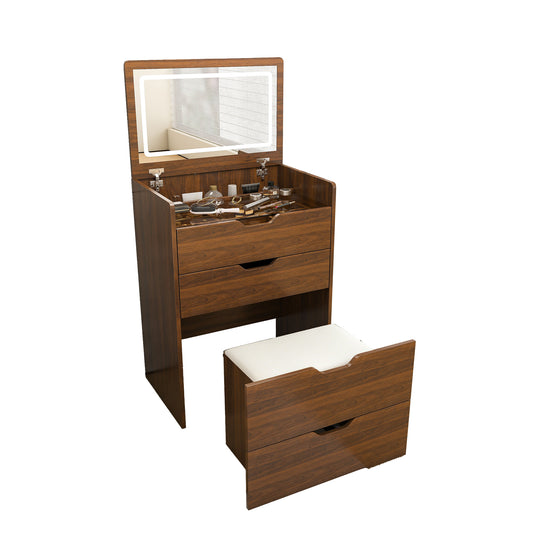 3-in-1 Vanity Desk with Flip Top Lighted Mirror & Storage Stool, Compact Makeup Dressing Table in Walnut Finish, 23.62L  W2699P478792