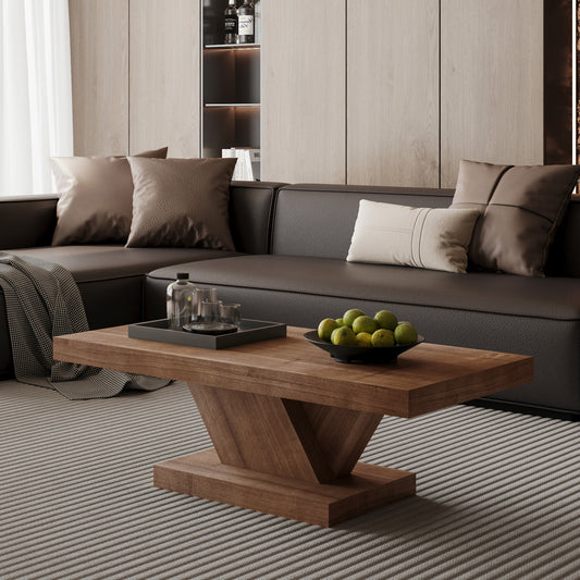 47' Modern Cross Leg Coffee Table, Sturdy X-Shape Design, Solid Wood Veneer, Large Living Room Center Table with Ample Storage Space, Walnut W1435P337639