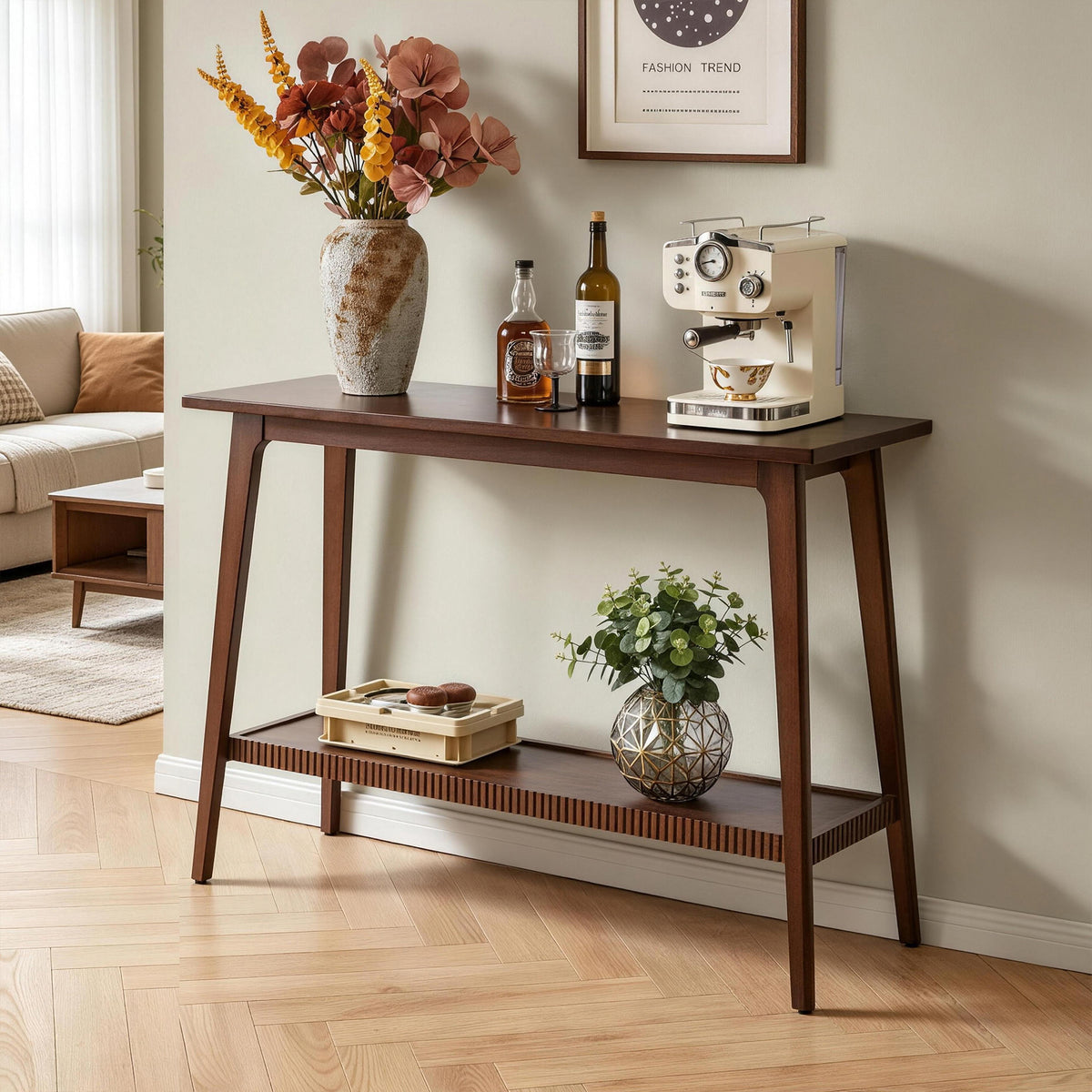 Solid Wood Console Table, 2‑Tier Entryway Sofa Table, Narrow Long Hallway Accent Table with Storage Shelf, Sofa Side Table for Living Room, Foyer  W5368P538344