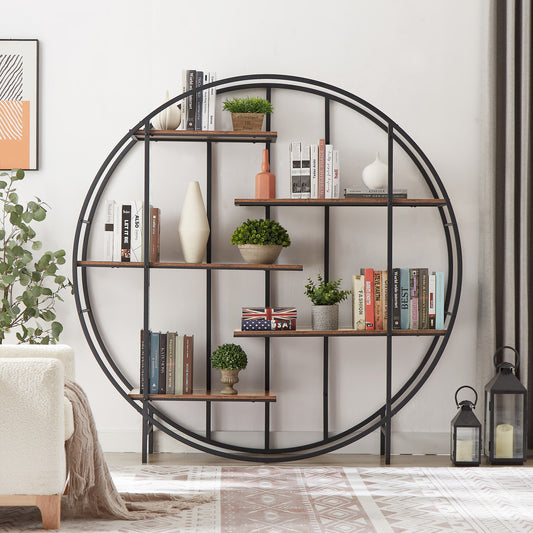 Round 5-Tier Metal Plant Stand bookcase storage rack, Indoor Living Room Terrace Garden Balcony Display Stand. Rustic Brown, 67'' W x 11.8'' D x 67'' H.  W116290852