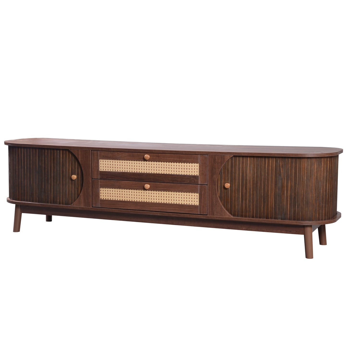 Modern Farmhouse Rattan TV Stand for TVs up to 75'', Natural Wood and Brown Solid Wood Legs, MDF Cabinet with Rattan Drawers and Sliding Doors, 66.93'' L Living Room Entertainment Console  WF316663AAP