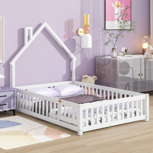 Full House-Shaped Headboard Floor Bed with Fence ,White  W504119481